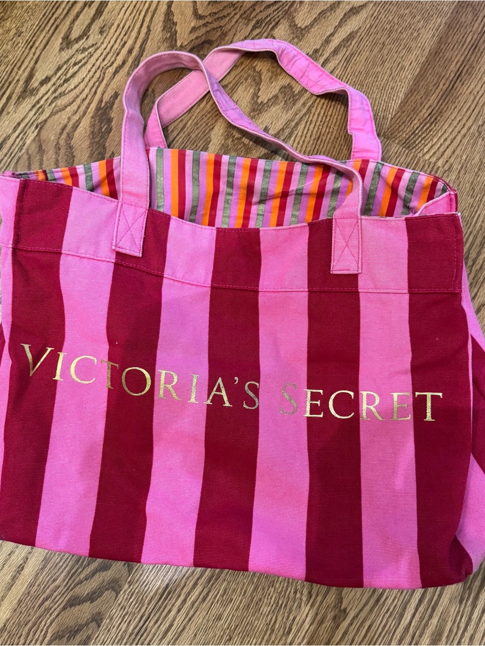 Victoria's Secret Pink and Red Striped Canvas Tote